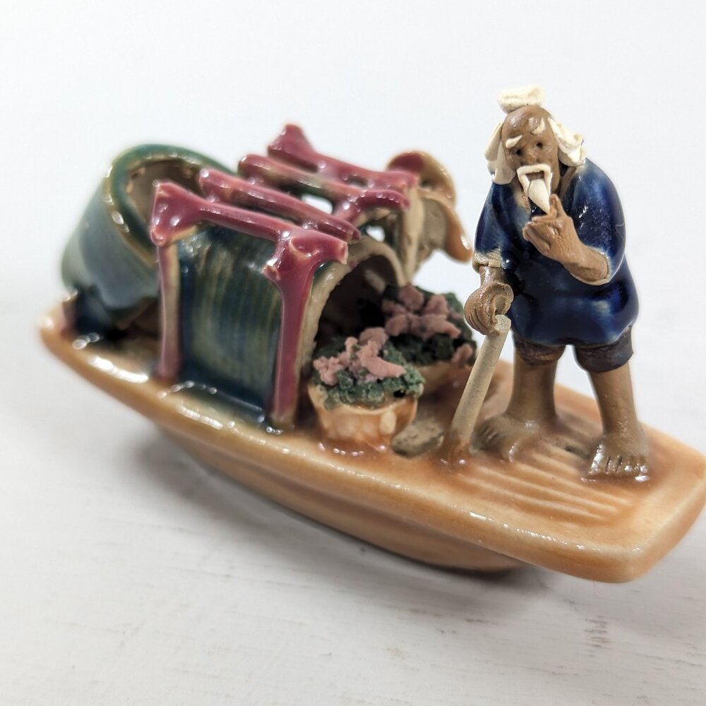 Miniature Shiwan Chinese Fisherman Mudman Figurine Raft with flowers